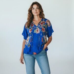 Johnny Was Blue Floral Cupra Rayon Tassel Tie Boho Blouse Top C17819A3 Small